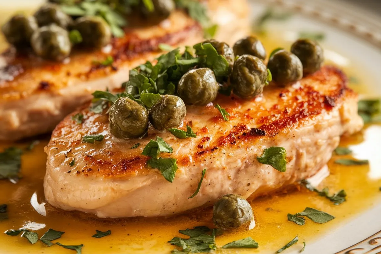 Close-up of Chicken Piccata with golden-brown chicken breasts, capers, and fresh parsley, drizzled with a glossy lemon-butter sauce on a white plate.