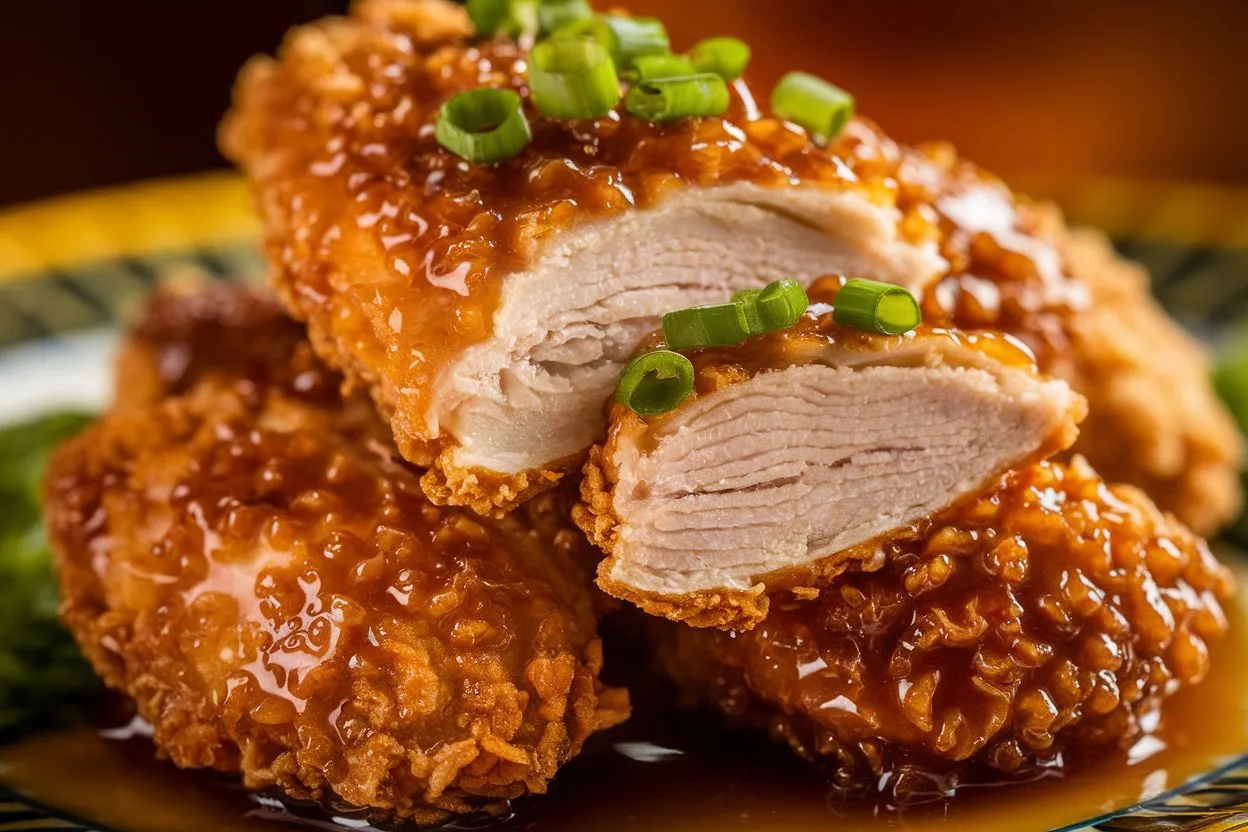 A close-up of Double Crunch Honey Garlic Chicken with crispy, golden-brown batter, coated in a glossy honey garlic sauce, garnished with green onions.