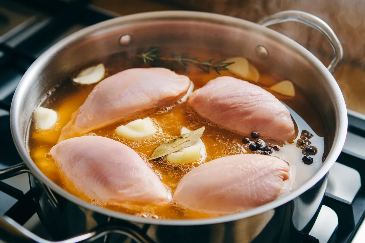 how long to Boil Chicken Breast in a stainless steel pot with aromatic broth, garlic cloves, bay leaves, peppercorns, and fresh herbs.