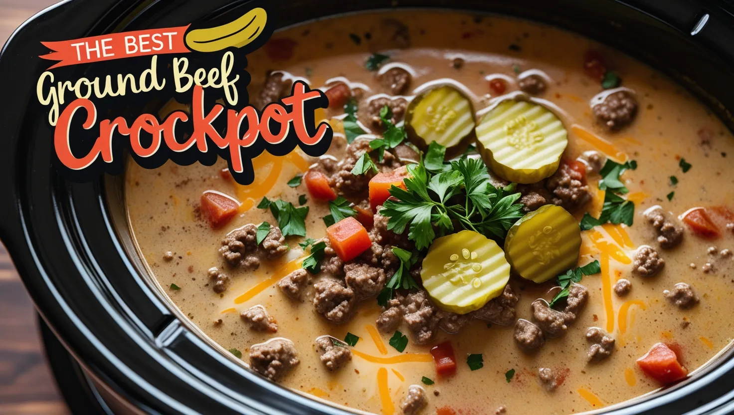 A delicious cheeseburger soup made in a slow cooker, featuring Ground Beef Crock Pot Recipes, melted cheese, diced tomatoes, and pickles, garnished with fresh parsley. The text overlay reads "The Best Ground Beef Crockpot" in bold, playful fonts.