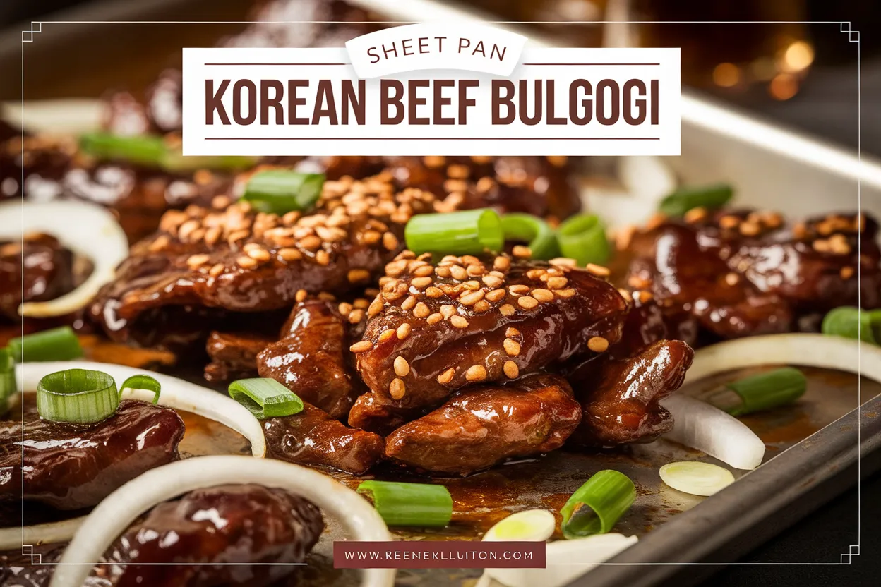 Close-up of Sheet Pan Korean Beef Bulgogi with caramelized beef slices, toasted sesame seeds, and fresh green onions, served on a black plate with a glossy finish.