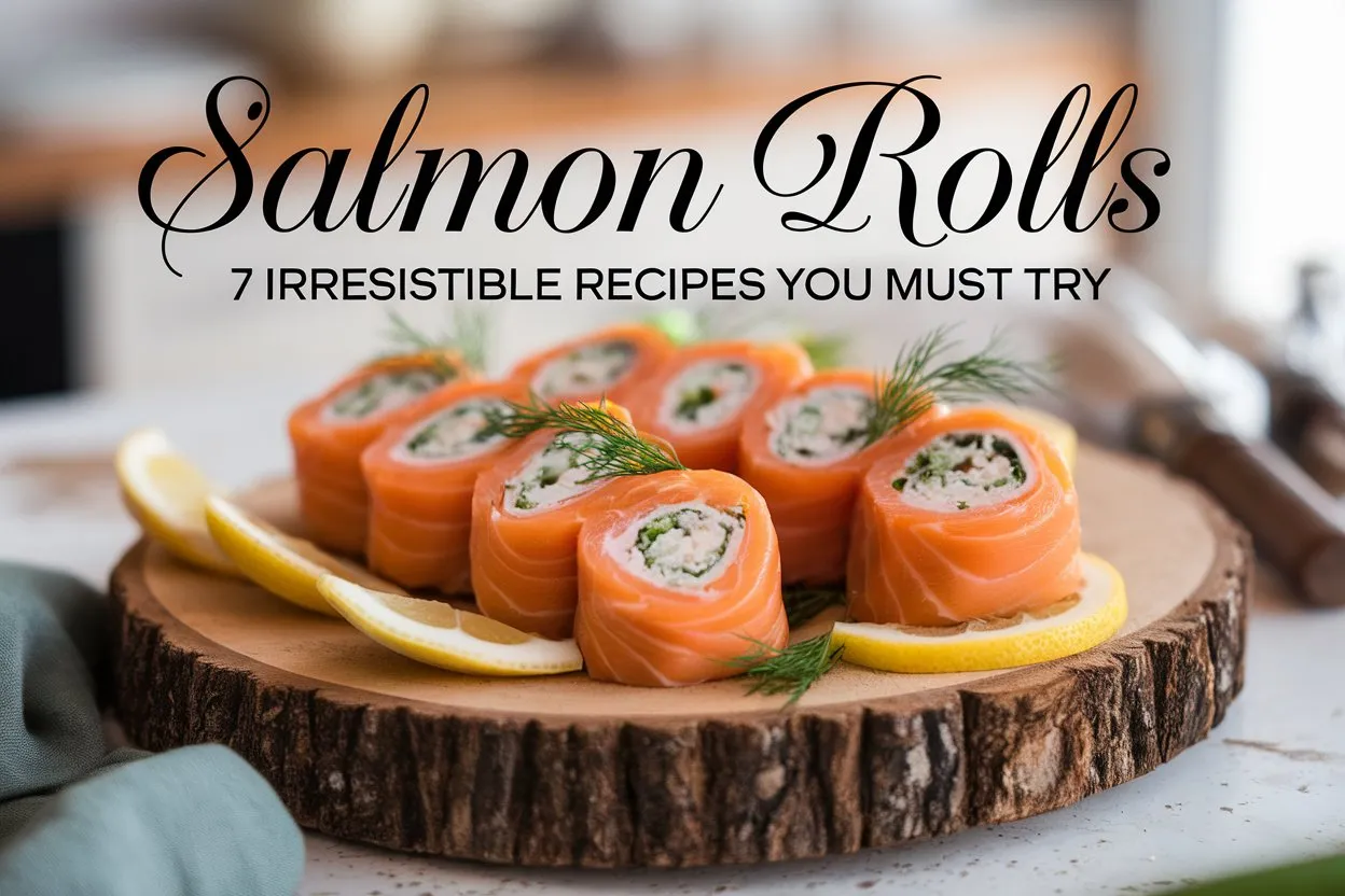 Delicious salmon rolls neatly arranged on a rustic wooden serving board, garnished with fresh dill and lemon slices, with a stylish text overlay reading 'Salmon Rolls: 7 Irresistible Recipes You Must