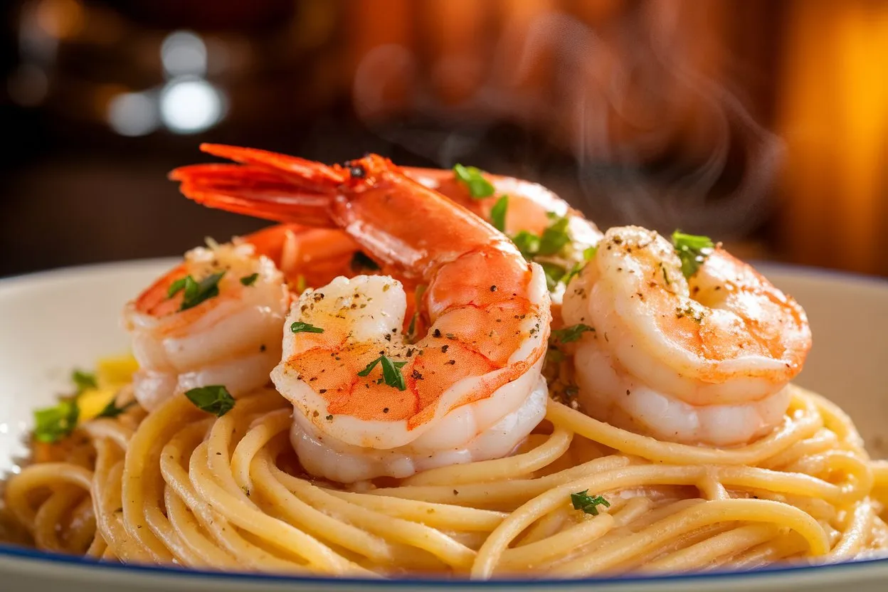 A close-up shot of Red Lobster Shrimp Scampi Recipe, seared shrimp seasoned with black pepper and garnished with fresh parsley. The shrimp sit atop a bed of al dente spaghetti coated in a light, buttery garlic sauce. Wisps of steam rise from the dish, emphasizing its freshness. The background is softly blurred with warm lighting, creating a cozy, restaurant-like ambiance.