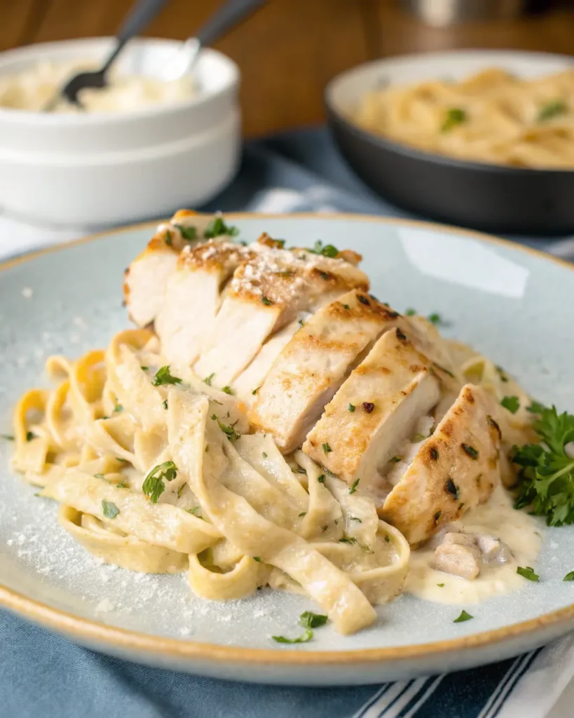 Close-up of Chicken Alfredo with fettuccine pasta, creamy sauce, and sliced chicken breast, garnished with parsley and Parmesan.