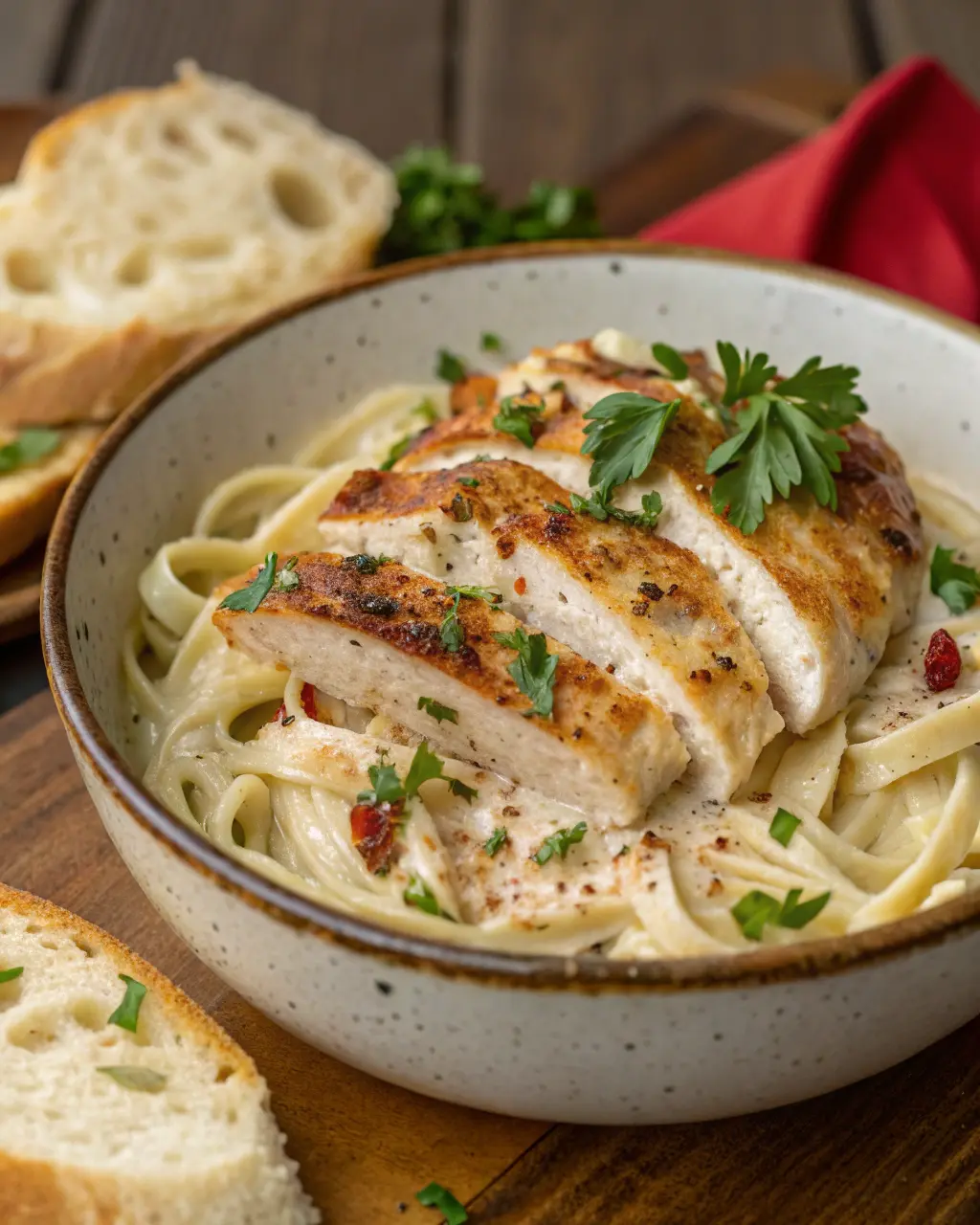 Close-up of creamy Chicken Pasta Recipes Best Creamy Dishes for Comfort Food Lovers​ with golden-brown chicken slices and fresh herb garnish.