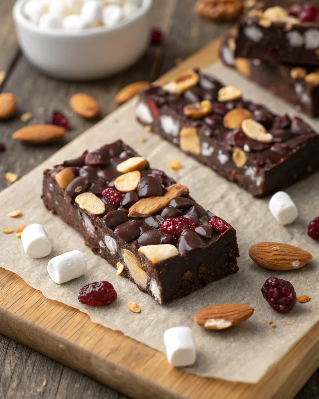 Close-up of Rocky Road Candy bars with dark chocolate, marshmallows, almonds, and dried cherries on a rustic wooden surface